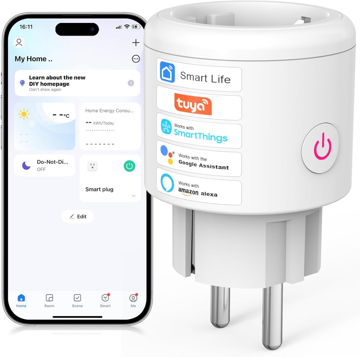 Slimme mini smart plug met afstandsbediening - Spraakgestuurd met energiebesparing en tijdfunctie