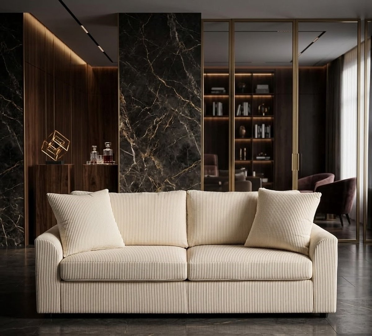 Luxe 3-Zitsbank Corduroy – Comfortabele Gestoffeerde Bank met Armleuningen en Sierkussens – Robuuste Loungesofa tot 450 kg – Crèmewit, Woonkamer en Slaapkamer - Casa Serena