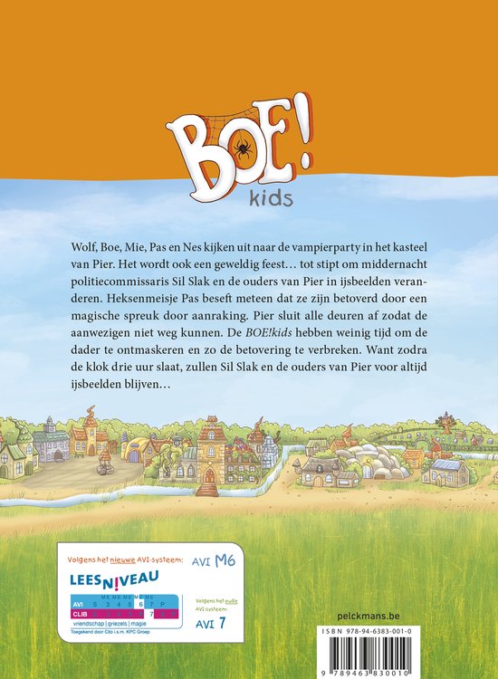 De achterkant van het 'BOE! kids Vampierparty' boek met een illustratie van een dorp, de tekst 'Volgens het nieuwe AVI-systeem: AVI M6' en ISBN.