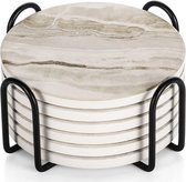 Sous-verres - Ensemble de 6 - Dessous de verre - Céramique et métal - Tapis isolant thermique - Avec support - Aspect marbre - Pour verres - Convient pour les restaurants, cuisines et plateaux de table - Ø10.3 cm - Blanc et noir