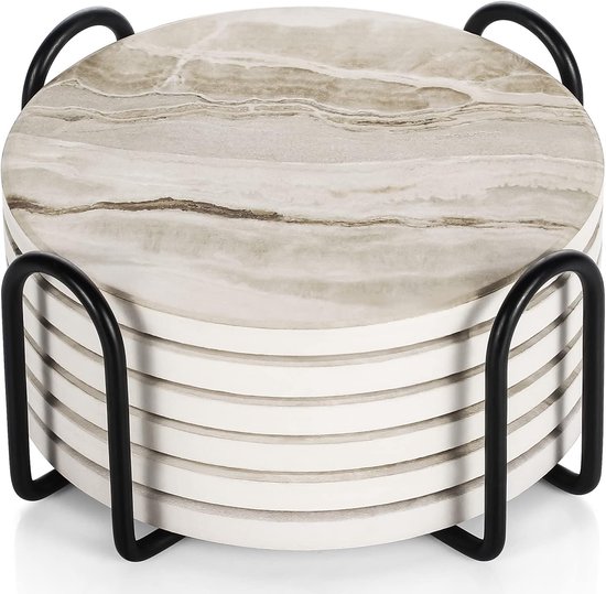 Sous-verres - Ensemble de 6 - Dessous de verre - Céramique et métal - Tapis isolant thermique - Avec support - Aspect marbre - Pour verres - Convient pour les restaurants, cuisines et plateaux de table - Ø10.3 cm - Blanc et noir