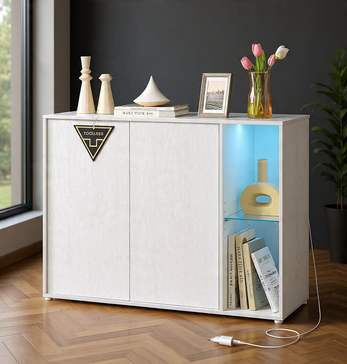 LumiGlow TV- & Opbergkast – 100 cm Sideboard met LED, Glasplanken en Verstelbare Opbergruimte – Snel & Gereedschapsloos Montage – Modern Wit – NoviHome