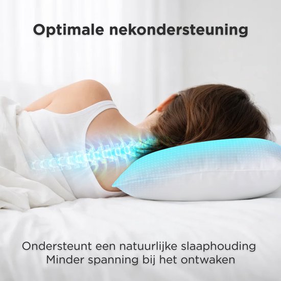 Vrouw slaapt op een wit kussen met grafische weergave van nekondersteuning. 'Optimale nekondersteuning'.