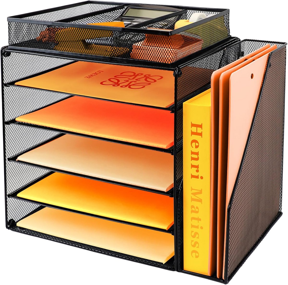 Bureau File Organizer met 6 Tiers en Verticale Bestandshouders - Papieren Brievenlade Bureau Organizer voor A4 Documenten - Zwart