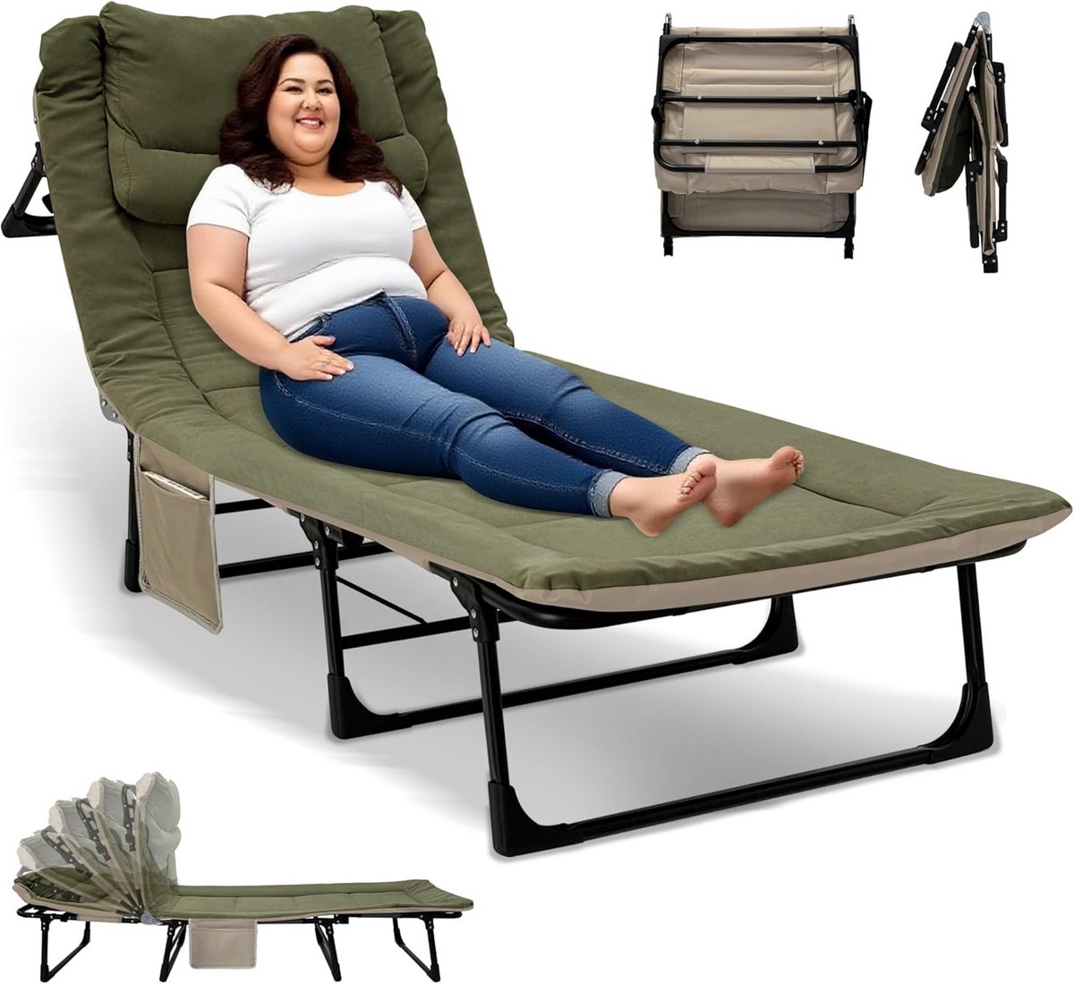 Inklapbaar Campingbed met Verstelbare Rugleuning - 68 x 190 x 30 cm - 150 kg Belastbaar - voor Binnen en Buiten