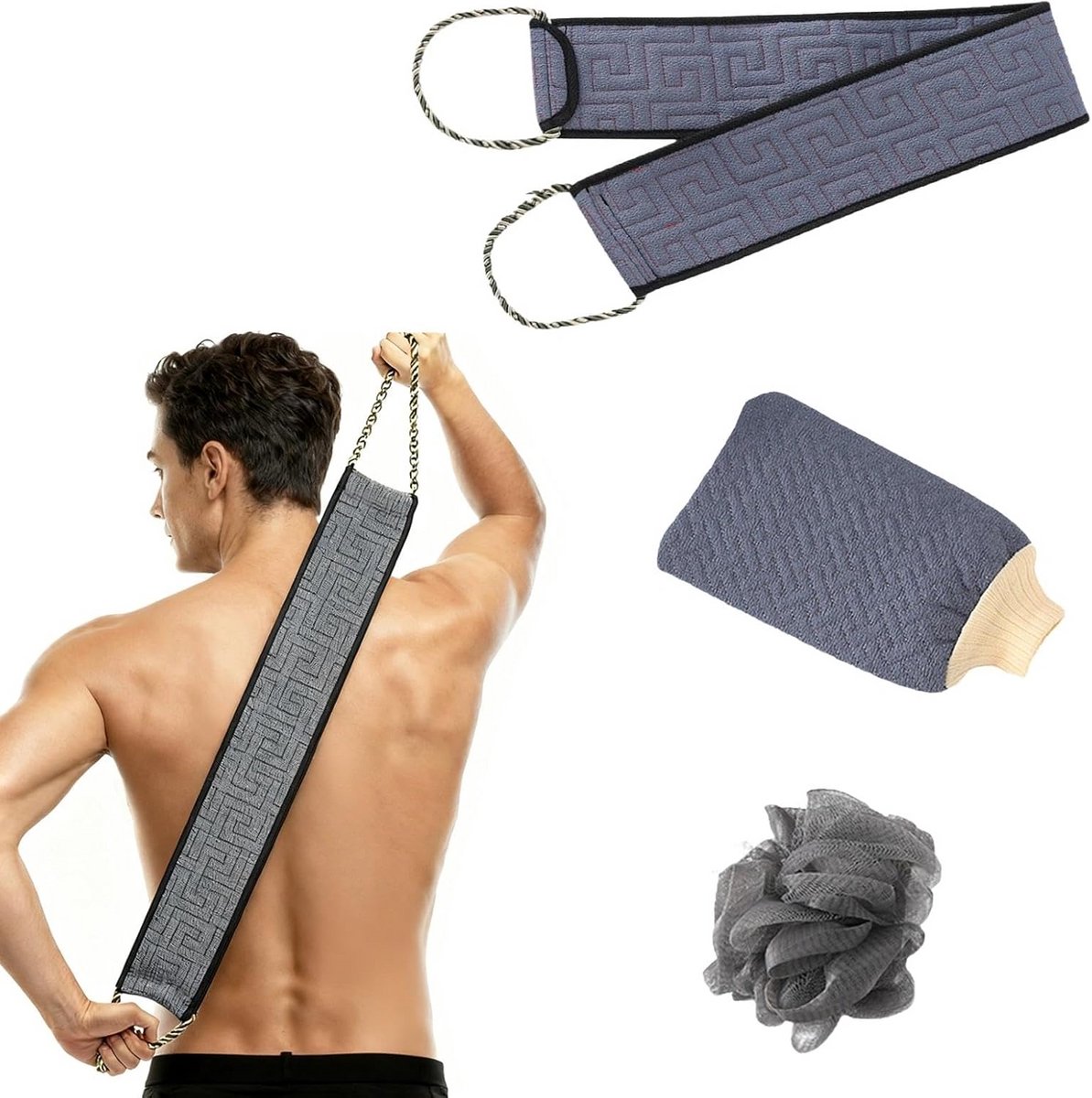 Douche Set met Wasselap en Handvat voor Rug - Dubbelzijdige Peeling & Scrubben