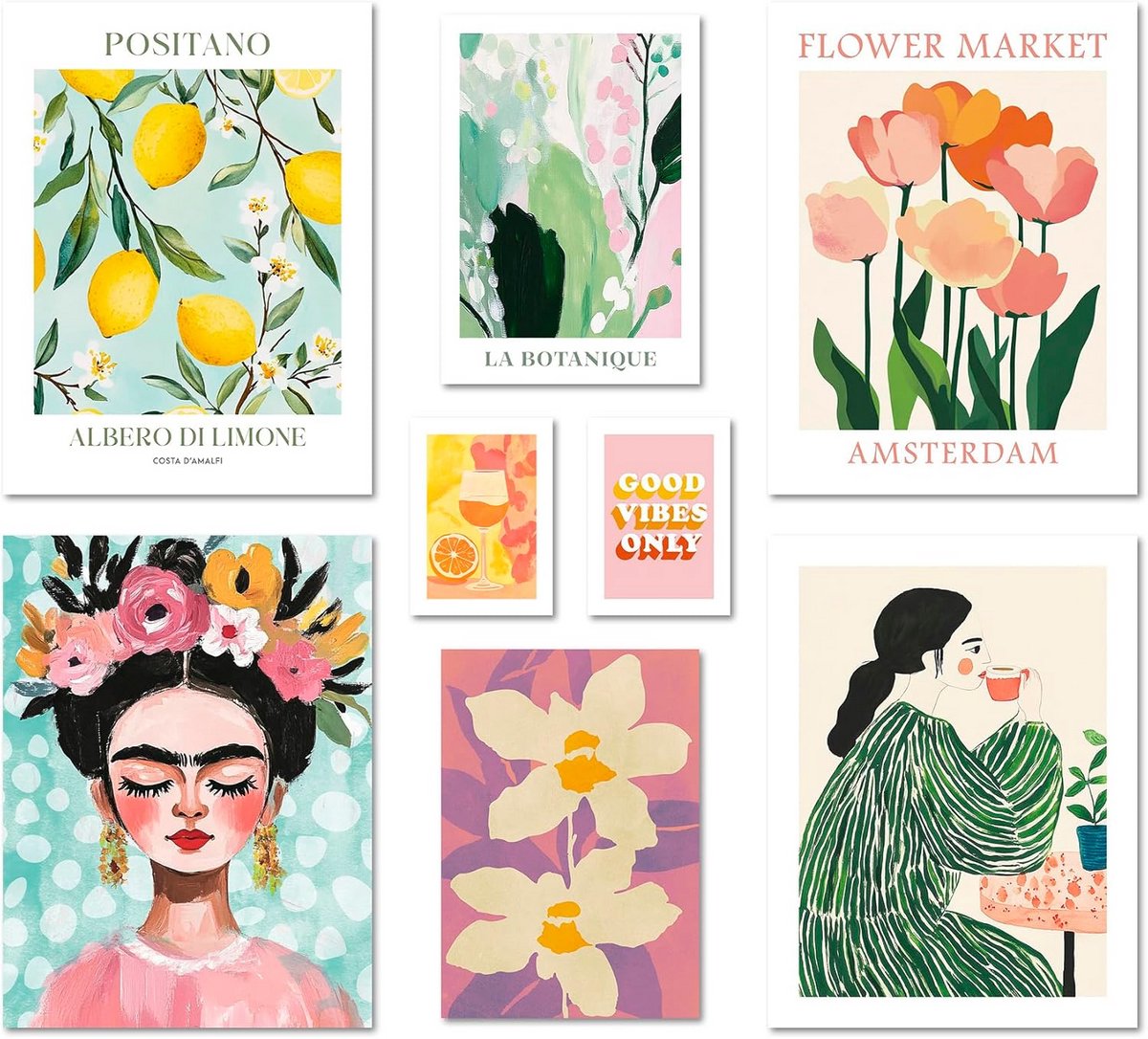 Abstracte Wanddecoratie Set - 8 Delige Galerij Posters met Pastel Kleuren, Bloemen en Trendy Kunst voor Woonkamer en Slaapkamer