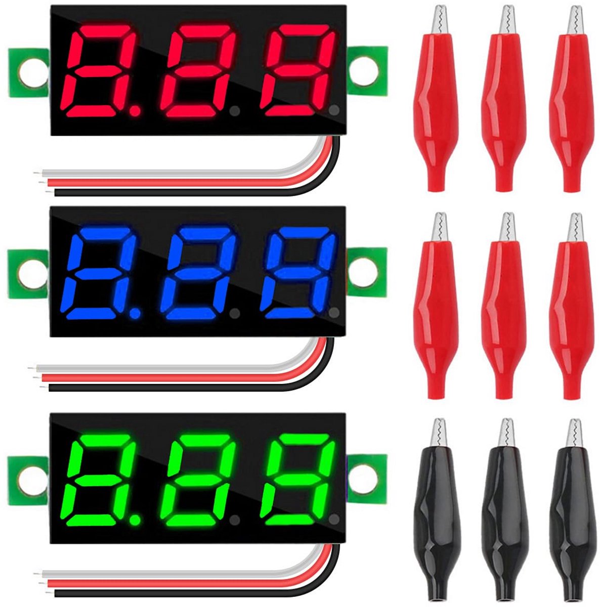 Voltmeter DC 0-100V Digitale Spanningsmeter met 3 Kleuren LED Display en Alligator Clips (3 Stuks)