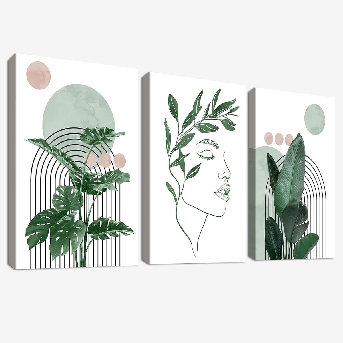 Set van 3 Houten Ingelijste Posters - Vrouwengezicht & Groene Plant - Esthetische Boheemse Wanddecoratie Canvas 90x40 cm