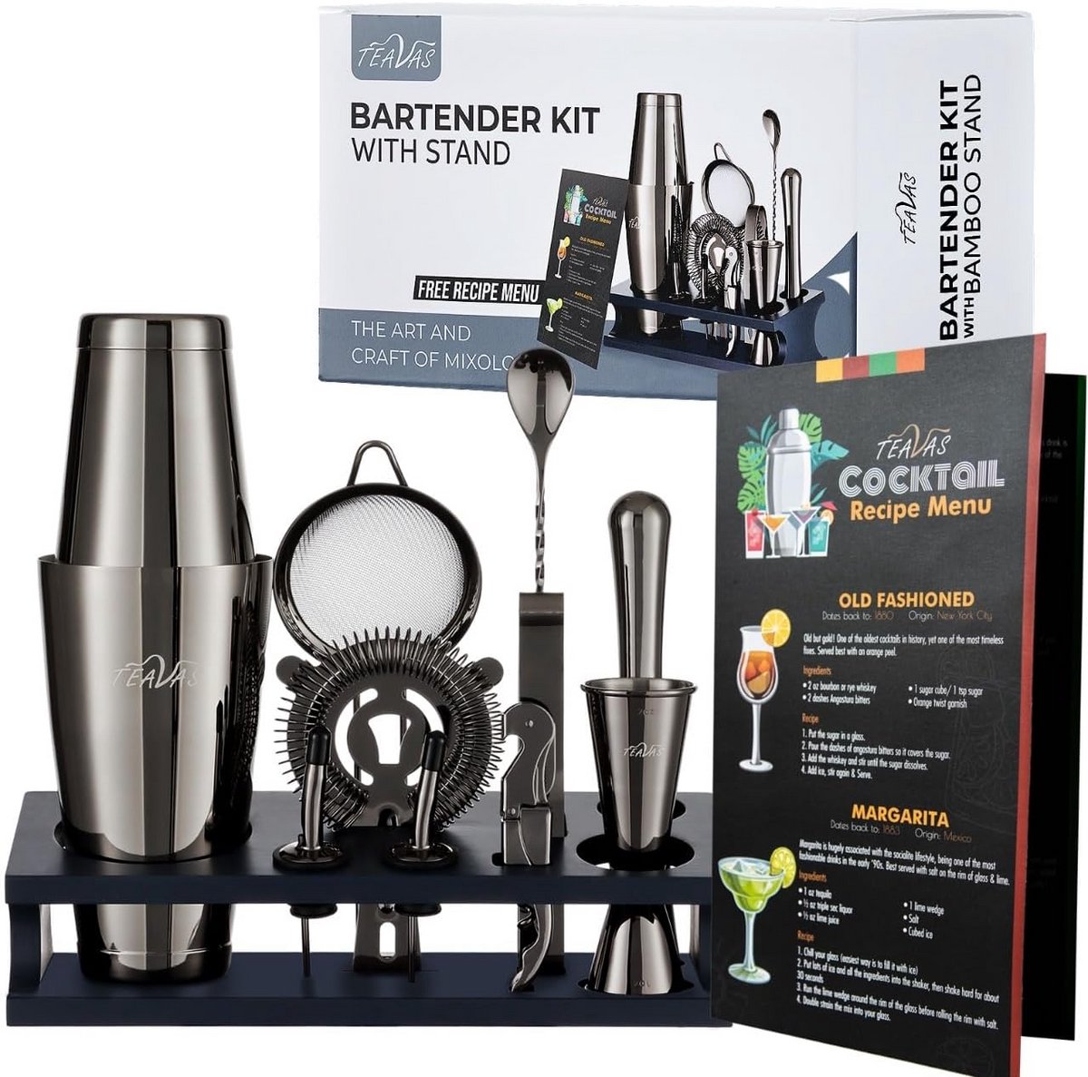 Complete 13-delige Cocktailserset RVS met Boston Shaker en Standaard