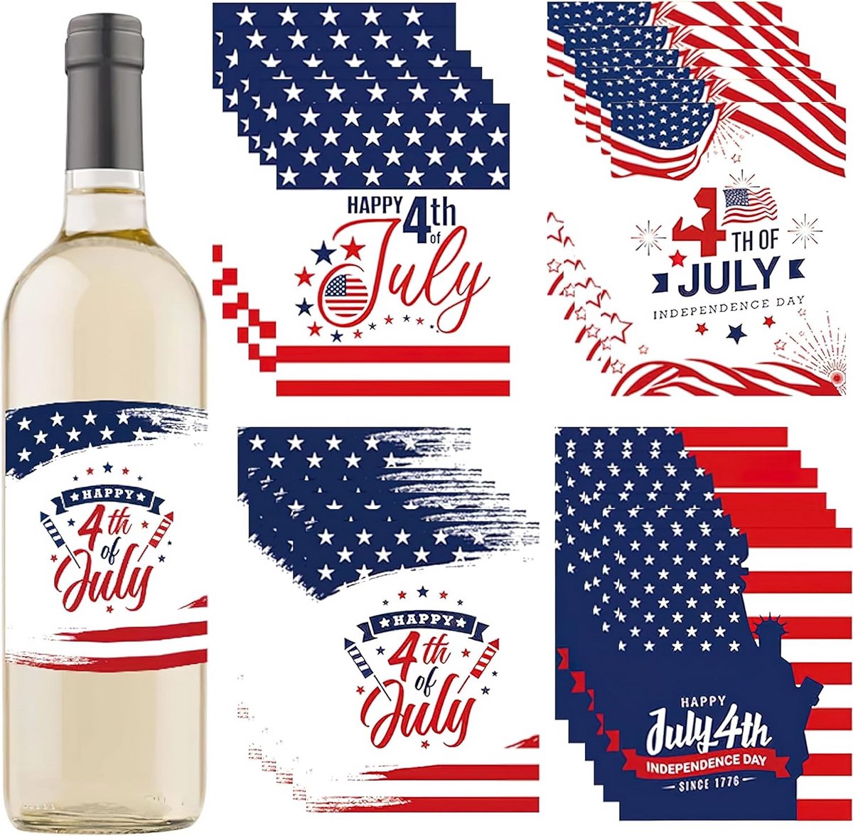Wijnfles Stickers 4 Juli Onafhankelijkheidsdag Decoratie - Set van 24 Patriottisch Etiketten
