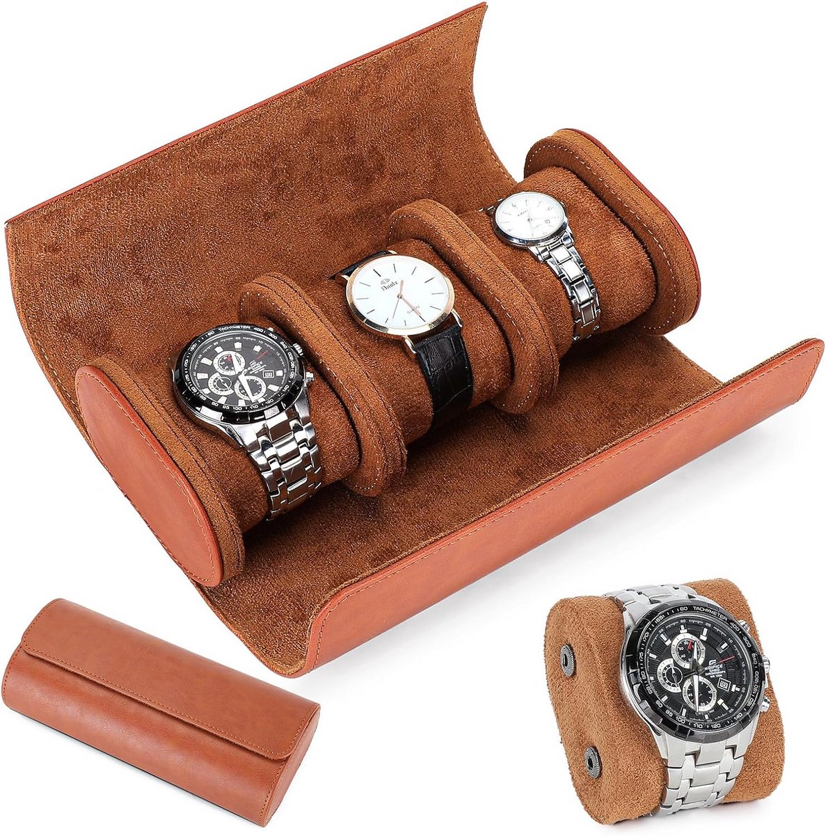 Luxe Horlogedoos voor 3 Horloges - Vintage Reisetui Cilindervormig met Kussens