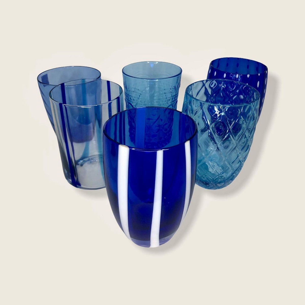 Set van 6 unieke, gemengde drinkglazen in blauw en aquamarijn