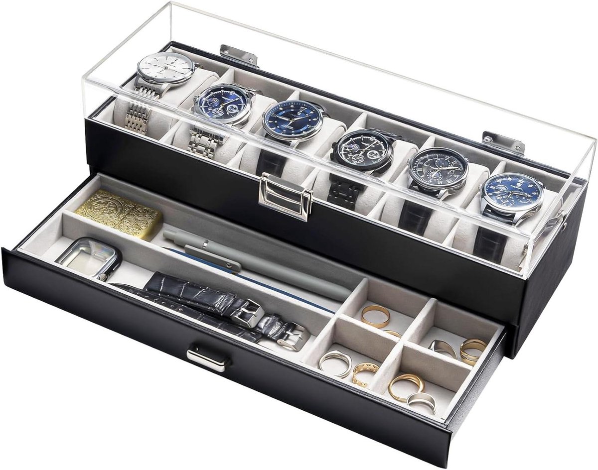 Horlogedoos voor heren met 6 vakken en lade in zwart design - opbergdoos voor horloges, stijlvol en praktisch