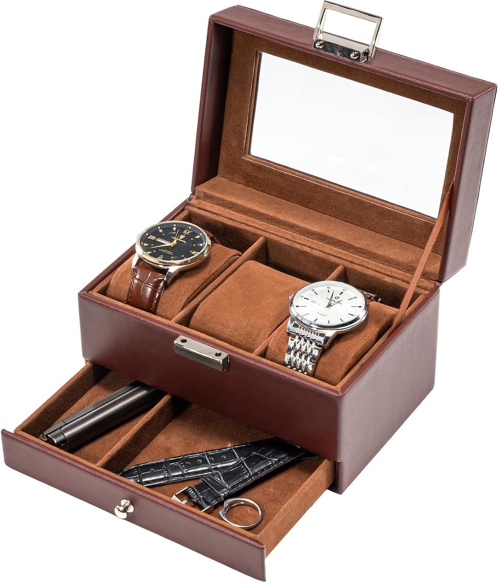 Horloge opbergbox met lade en glazen deksel - Sieraden en horloge organizer - 3 slots - Voor heren en dames