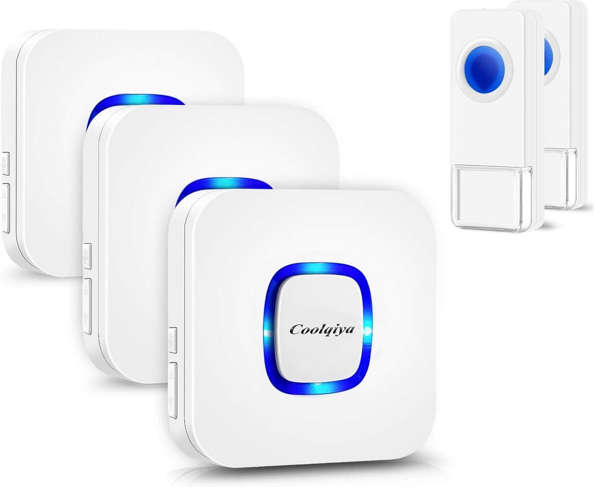 Draadloos Deurbel Set met 2 Waterdichte Drukknoppen en 3 Plug-in Ontvangers, 300m Bereik