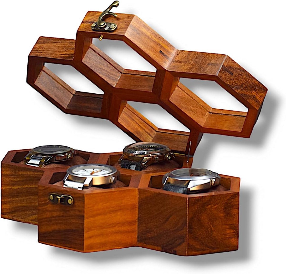 Handgemaakte Horlogebox van Palissanderhout met 4 Vakken - Luxe Geschenkdoos voor Mannen en Vrouwen