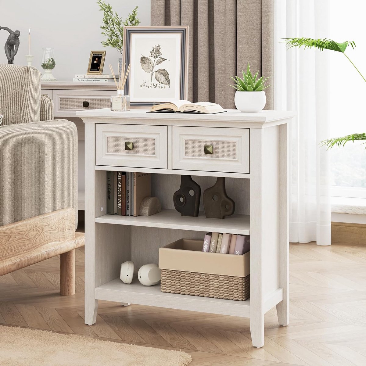 Boho Opbergkast met Rotan Laden en Open Planken - Witte Houten Dressoir