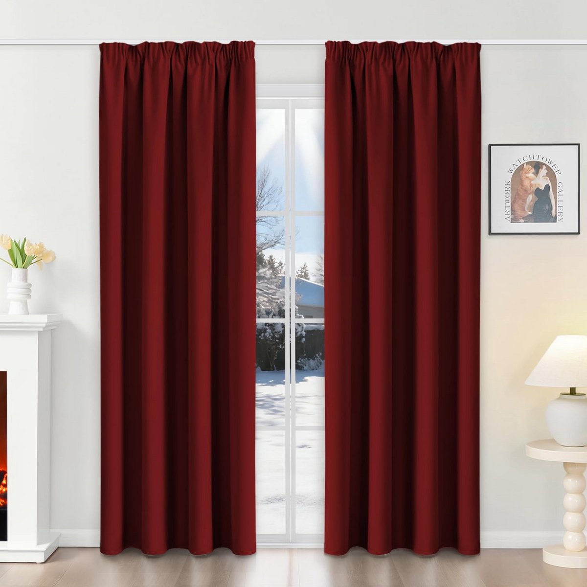 Set van 2 Bordeauxrode Verduisterende Gordijnen met Plooiband, 200x140 cm, Thermisch en Ge