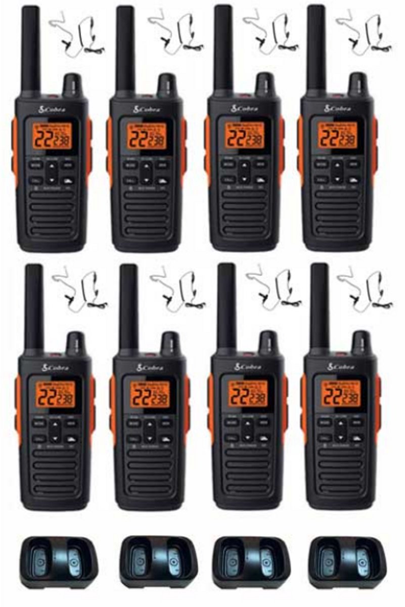 Set van 8 Cobra RX680 PMR446 portofoons IP54 met tafellader en beveiliging oortje