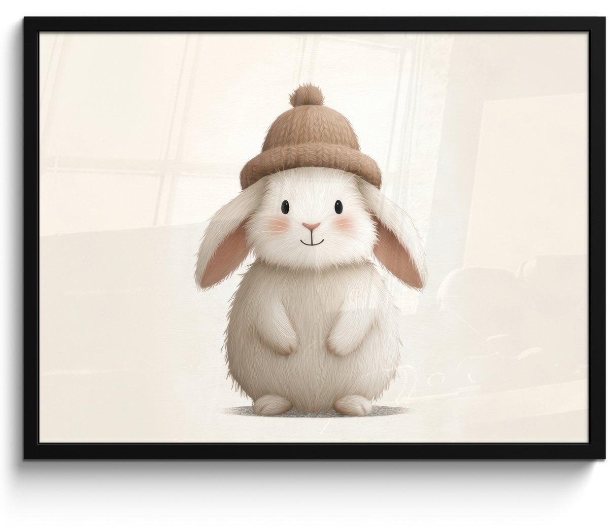 FrameYourWall Poster in lijst - Fotolijst 70x50 cm - Posters - Konijn - Muts - Oren - Beige - Posterlijst zwart - Decoratie - Wanddecoratie woonkamer - Muurdecoratie slaapkamer