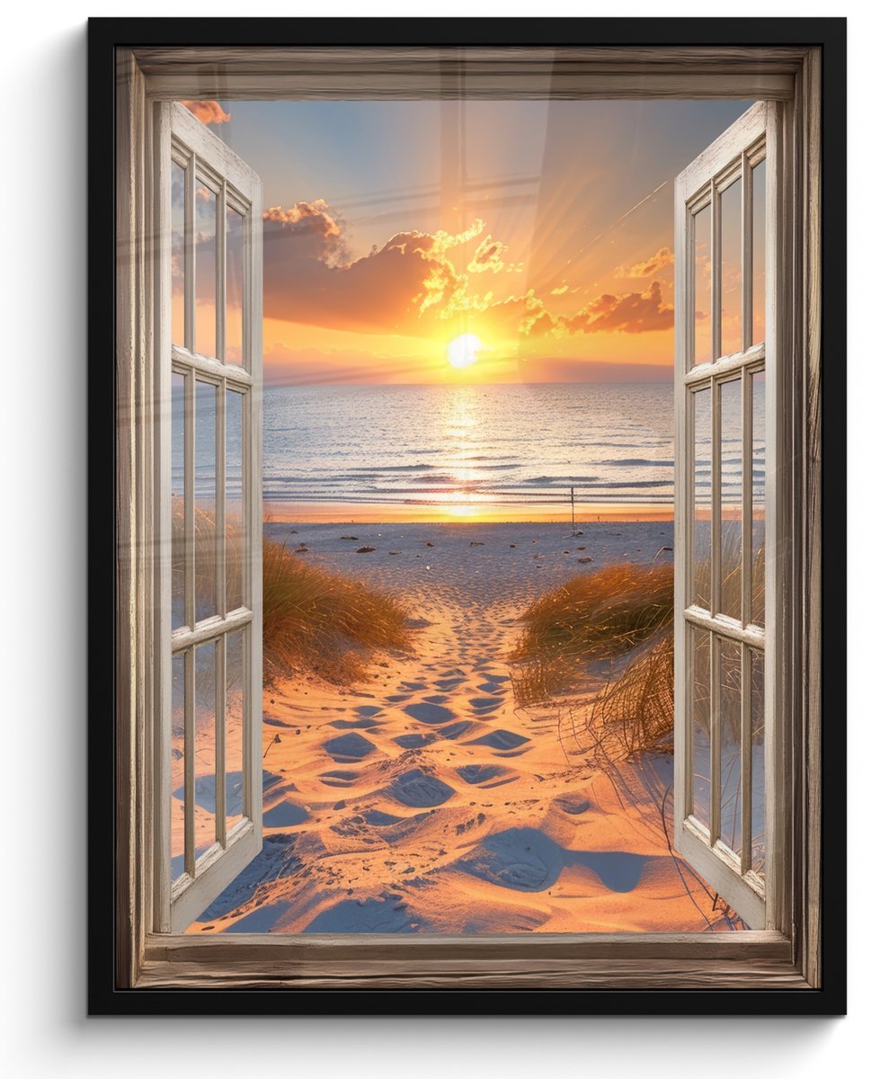FrameYourWall Poster in lijst - Fotolijst 50x70 cm - Posters - Doorkijk - Strand - Duinen - Zonsondergang - Posterlijst zwart - Decoratie - Wanddecoratie woonkamer - Muurdecoratie slaapkamer Zonsondergang - Duinen