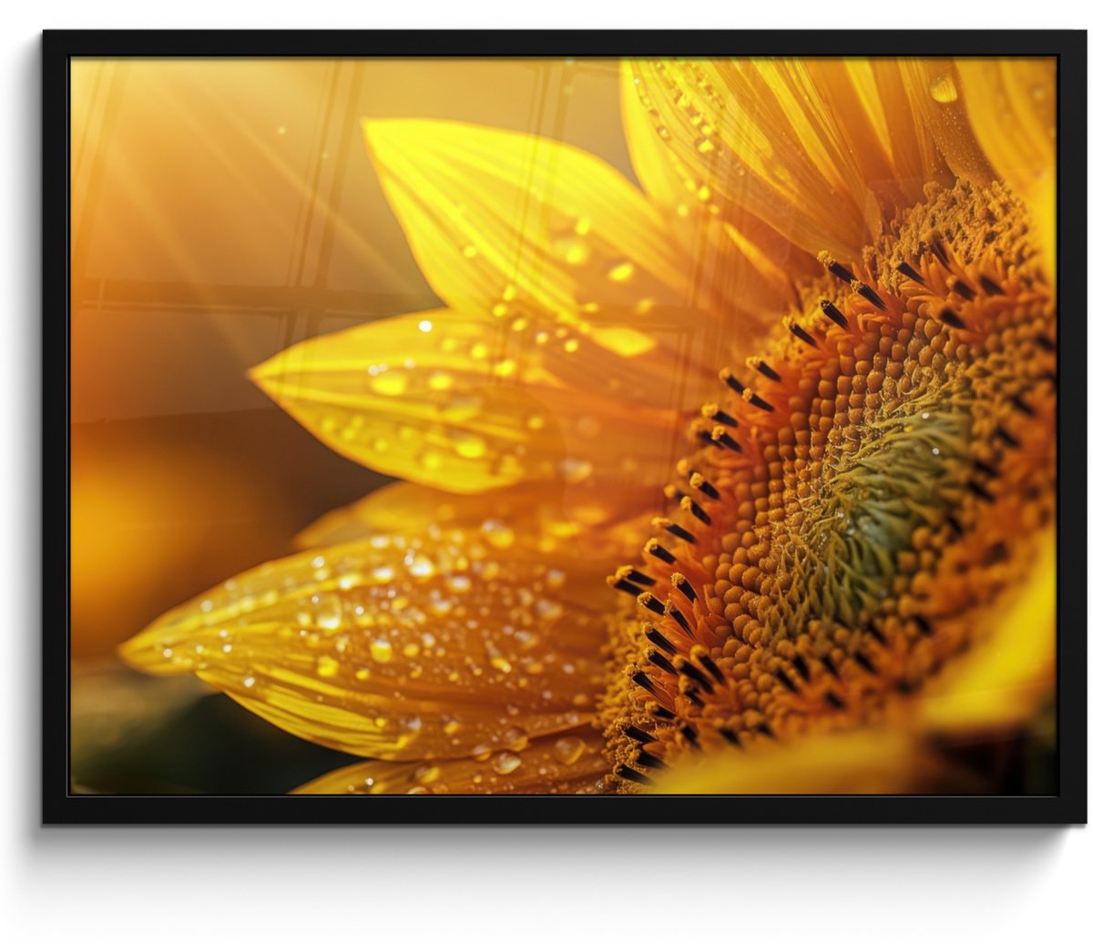 FrameYourWall Poster in lijst - Fotolijst 70x50 cm - Posters - Zonnebloem - Dauwdruppels - Geel - Zonlicht - Posterlijst zwart - Decoratie - Wanddecoratie woonkamer - Muurdecoratie slaapkamer