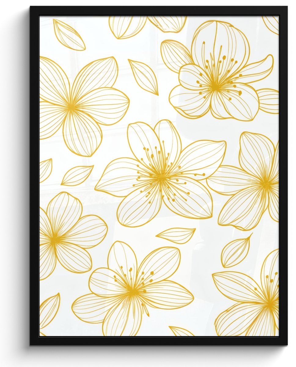 FrameYourWall Poster in lijst - Fotolijst 50x70 cm - Posters - Bloemen - Patroon - Illustratie - Geel - Posterlijst zwart - Decoratie - Wanddecoratie woonkamer - Muurdecoratie slaapkamer