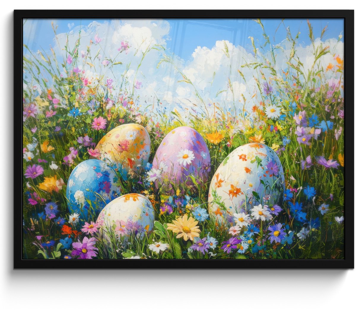 FrameYourWall Poster in lijst - Fotolijst 70x50 cm - Posters - Grasveld - Eieren - Bloemen - Posterlijst zwart - Decoratie - Wanddecoratie woonkamer - Muurdecoratie slaapkamer Bloemen - Eieren