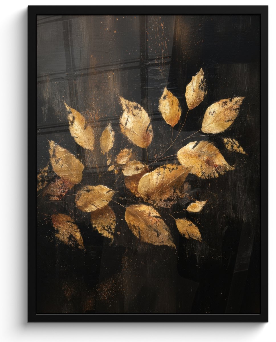 FrameYourWall Poster in lijst - Fotolijst 50x70 cm - Posters - Gouden Bladeren op Donkere Achtergrond - Posterlijst zwart - Decoratie - Wanddecoratie woonkamer - Muurdecoratie slaapkamer Bladeren - Goud