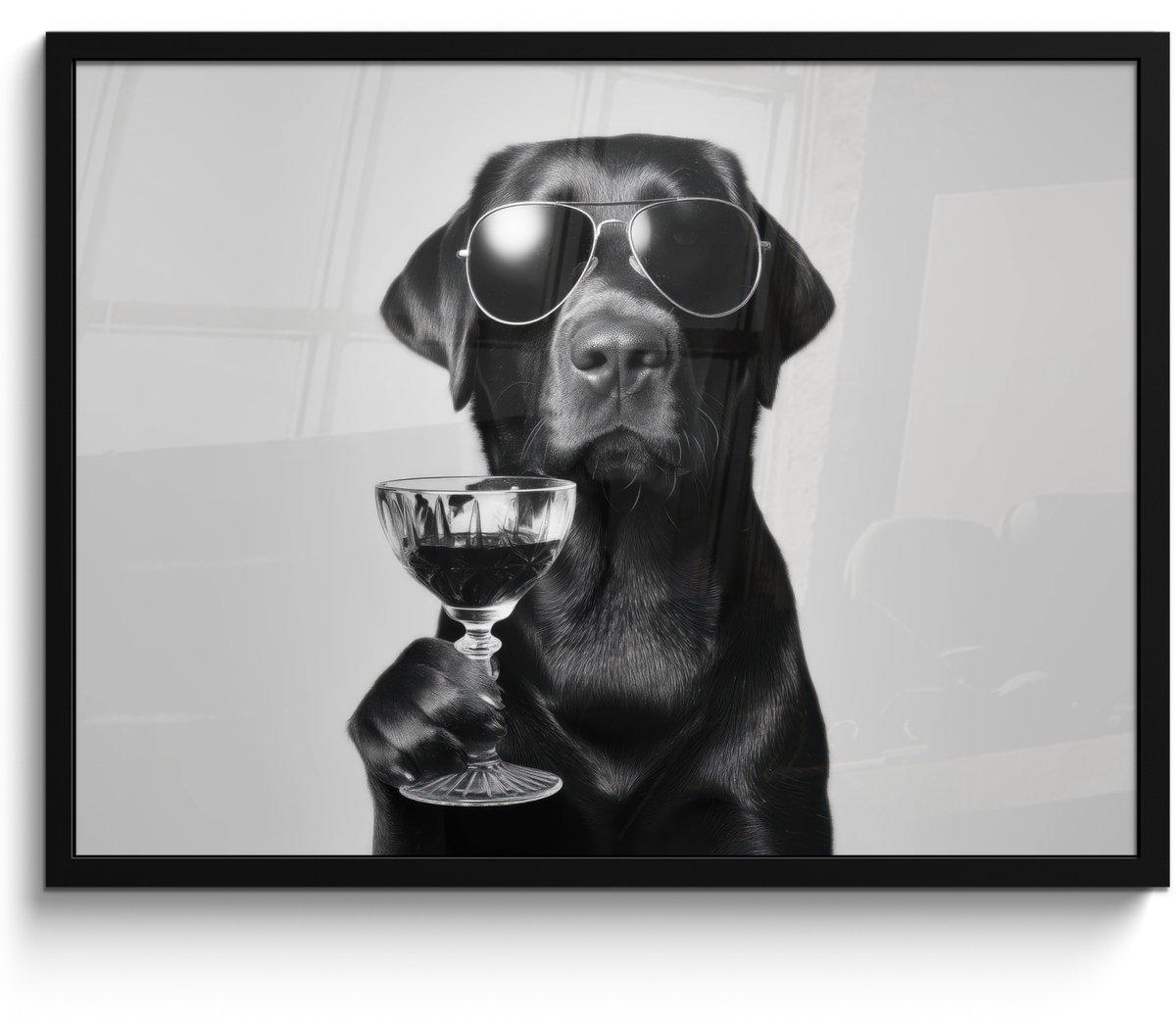 FrameYourWall Poster in lijst - Fotolijst 70x50 cm - Posters - Hond - Zwart - Wijnglas - Zonnebril - Posterlijst zwart - Decoratie - Wanddecoratie woonkamer - Muurdecoratie slaapkamer Hond - Zonnebril - Wijnglas