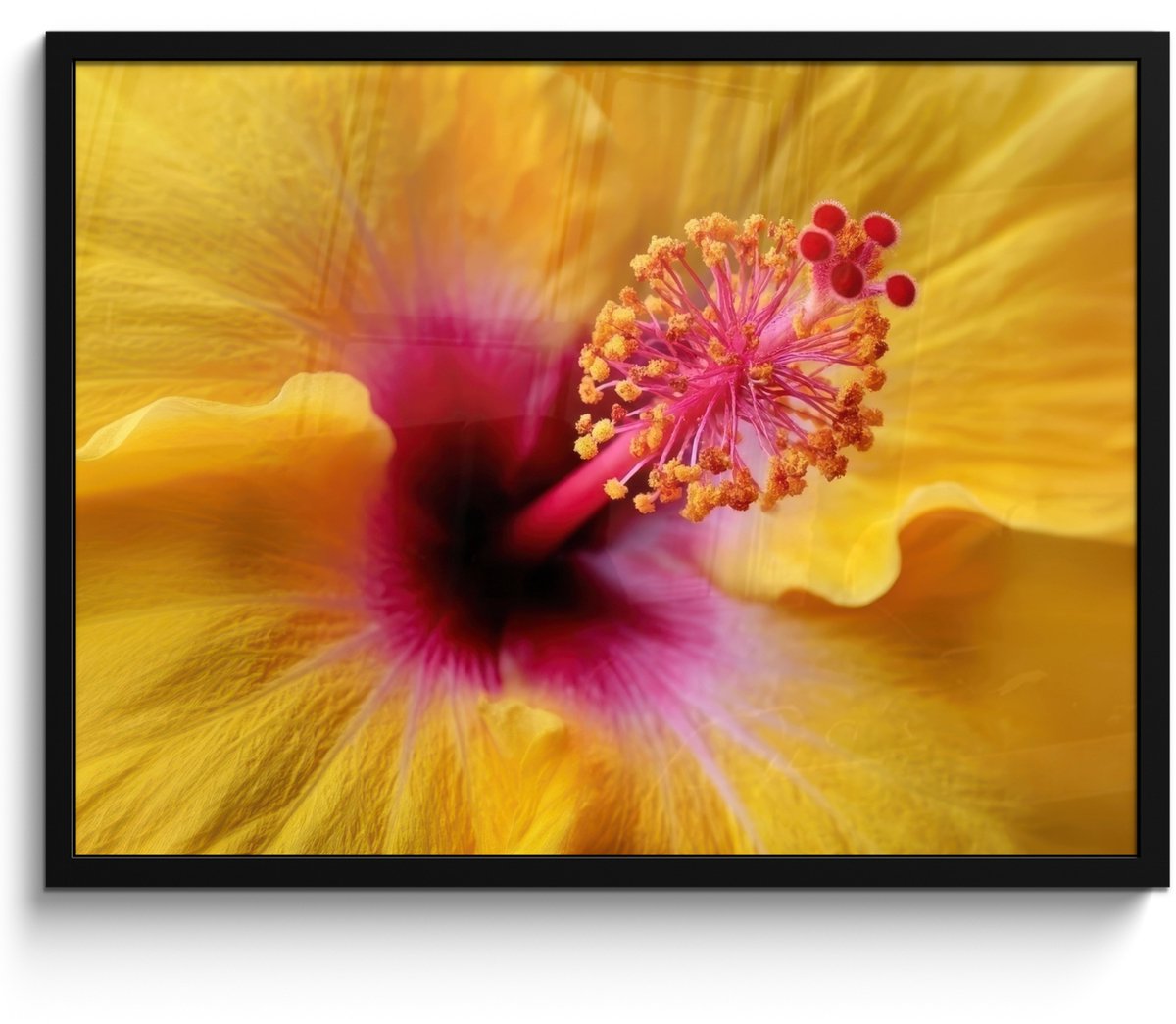 FrameYourWall Poster in lijst - Fotolijst 70x50 cm - Posters - Geel - Hibiscus - Tropisch - Posterlijst zwart - Decoratie - Wanddecoratie woonkamer - Muurdecoratie slaapkamer
