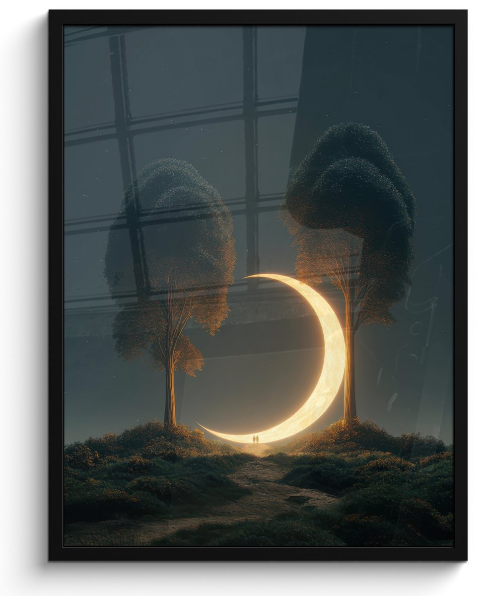 FrameYourWall Poster in lijst - Fotolijst 50x70 cm - Posters - Maan - Bomen - Wandeling - Posterlijst zwart - Decoratie - Wanddecoratie woonkamer - Muurdecoratie slaapkamer Bomen - Maan