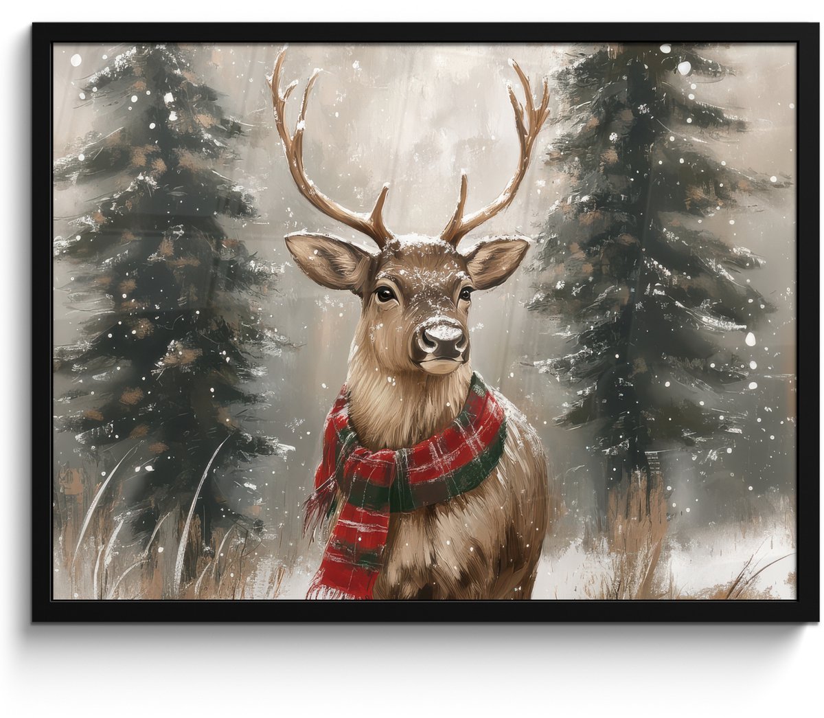 FrameYourWall Poster in lijst - Fotolijst 70x50 cm - Posters - Winter - Bos - Rendier - Donker - Posterlijst zwart - Decoratie - Wanddecoratie woonkamer - Muurdecoratie slaapkamer