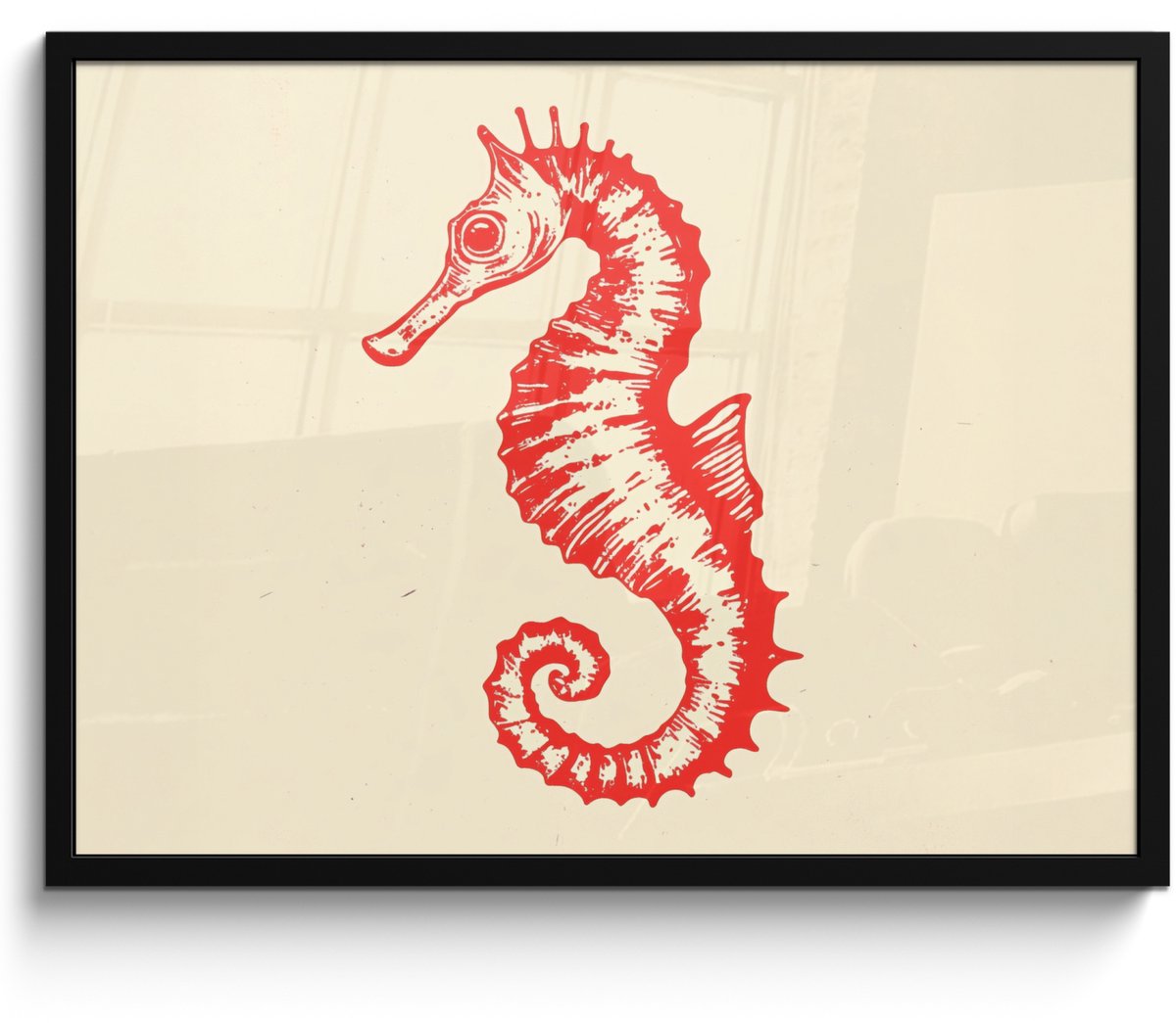 FrameYourWall Poster in lijst - Fotolijst 70x50 cm - Posters - Zeepaardje - Rood - Fijne details - Posterlijst zwart - Decoratie - Wanddecoratie woonkamer - Muurdecoratie slaapkamer