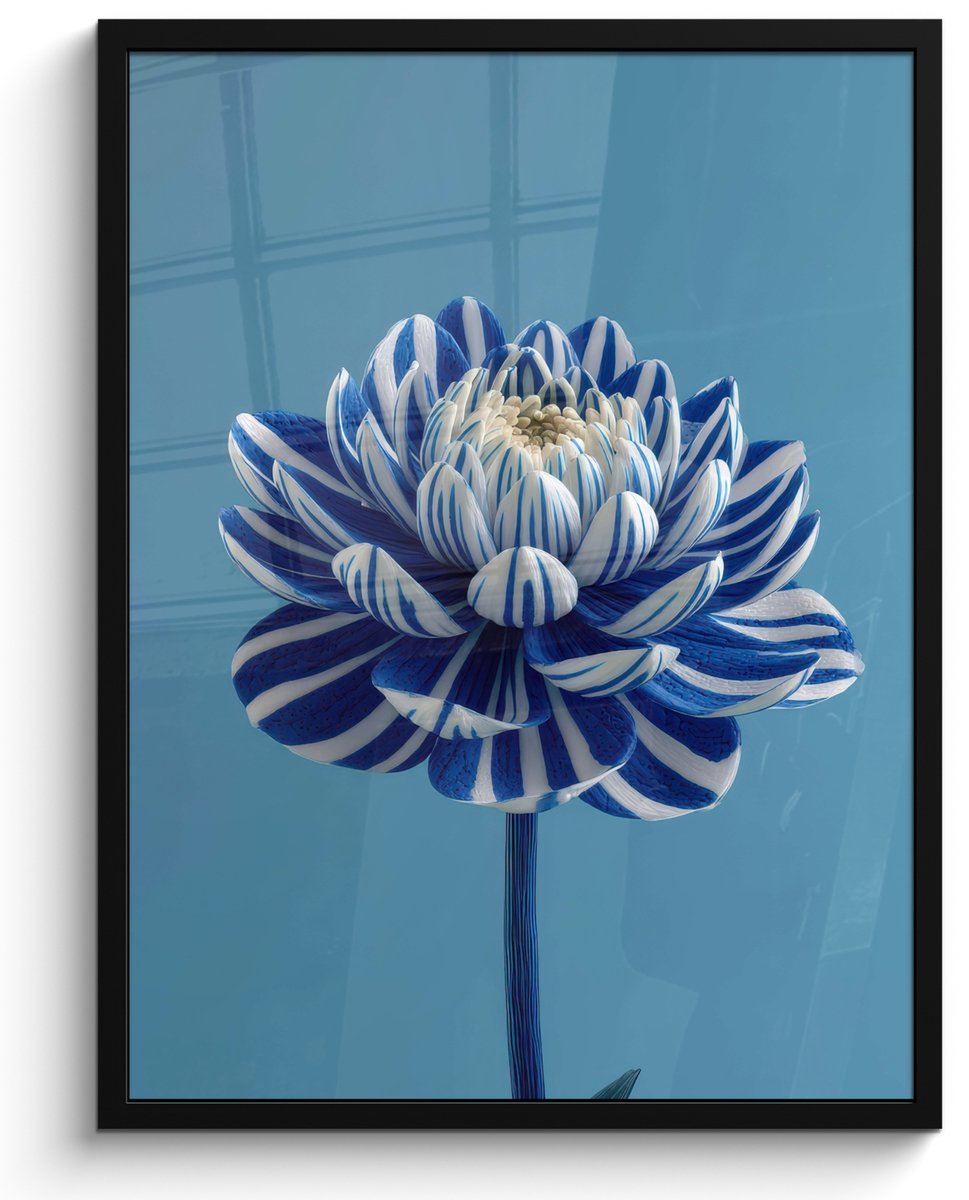 FrameYourWall Poster in lijst - Fotolijst 50x70 cm - Posters - Bloem - Blauw - Bloemblaadjes - Streepjes - Posterlijst zwart - Decoratie - Wanddecoratie woonkamer - Muurdecoratie slaapkamer