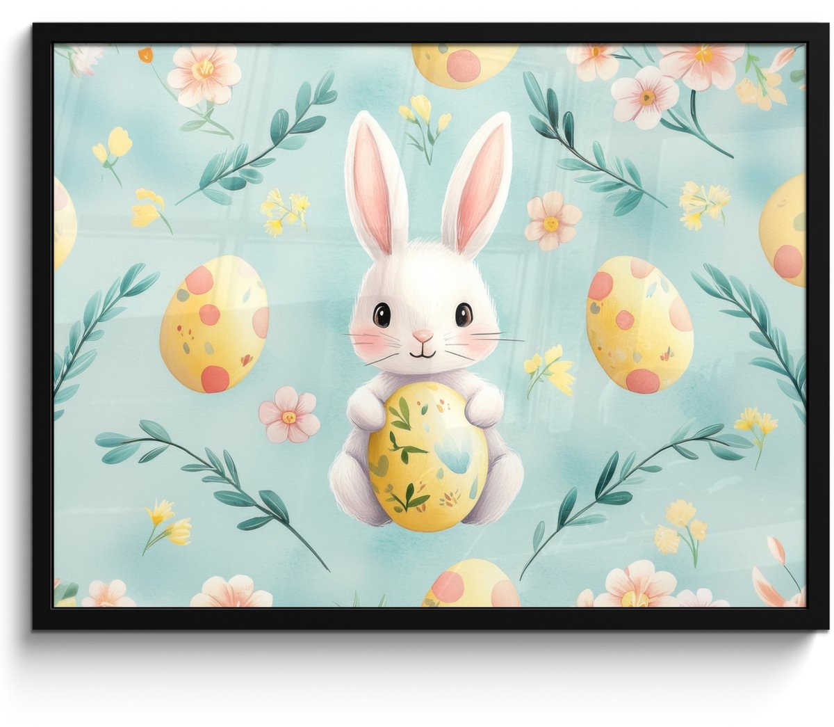 FrameYourWall Poster in lijst - Fotolijst 70x50 cm - Posters - Konijn - Eieren - Takjes - Posterlijst zwart - Decoratie - Wanddecoratie woonkamer - Muurdecoratie slaapkamer Pasen