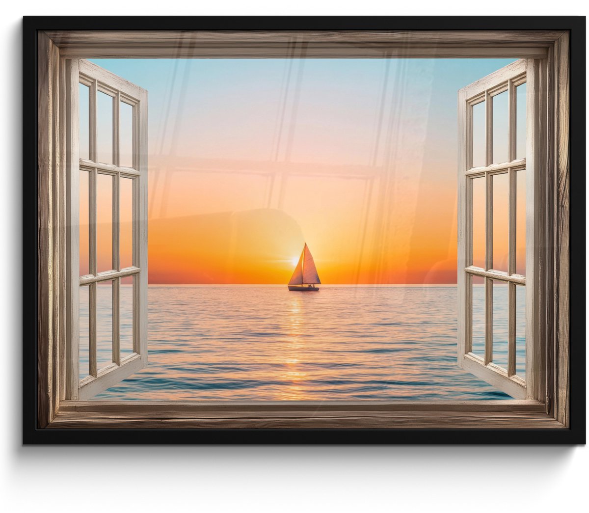 FrameYourWall Poster in lijst - Fotolijst 70x50 cm - Posters - Doorkijk - Zee - Boot - Zonsondergang - Posterlijst zwart - Decoratie - Wanddecoratie woonkamer - Muurdecoratie slaapkamer Zonsondergang - Boot
