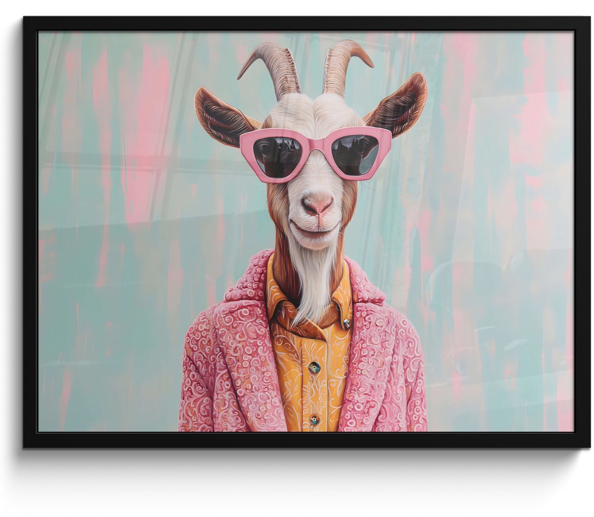 FrameYourWall Poster in lijst - Fotolijst 70x50 cm - Posters - Zonnebril - Roze - Geit - Horen - Posterlijst zwart - Decoratie - Wanddecoratie woonkamer - Muurdecoratie slaapkamer
