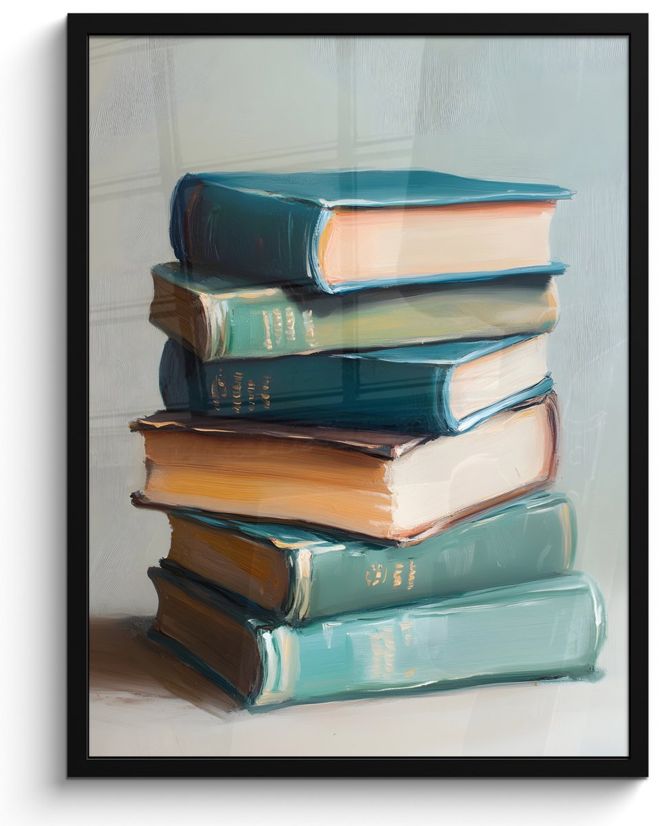 FrameYourWall Poster in lijst - Fotolijst 50x70 cm - Posters - Stapel - Boeken - Groen - Daglicht - Posterlijst zwart - Decoratie - Wanddecoratie woonkamer - Muurdecoratie slaapkamer