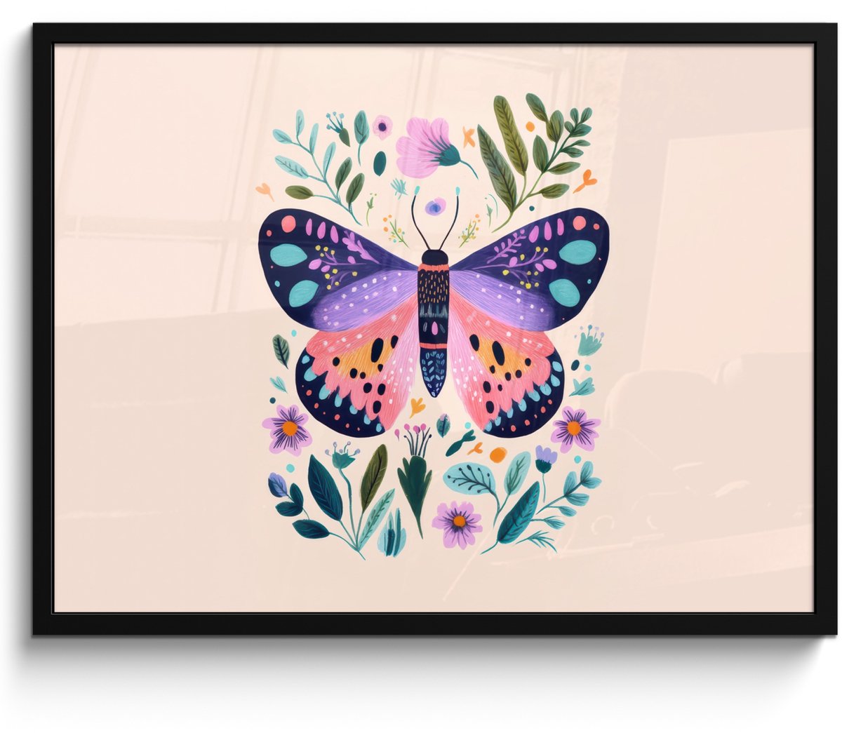 FrameYourWall Poster in lijst - Fotolijst 70x50 cm - Posters - Bloemen - Bladeren - Vlinder - Kleurrijk - Posterlijst zwart - Decoratie - Wanddecoratie woonkamer - Muurdecoratie slaapkamer Vlinder - Bloemen