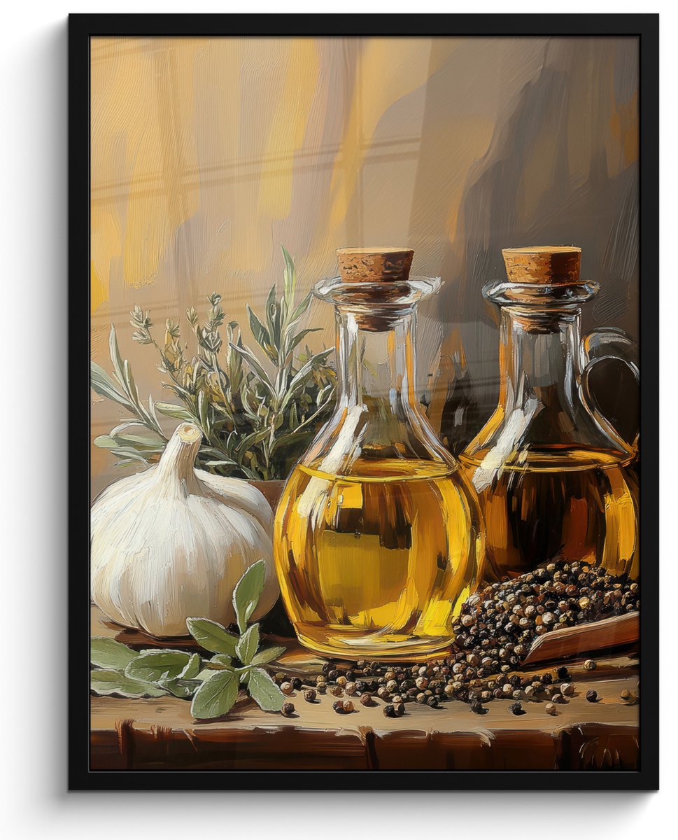 FrameYourWall Poster in lijst - Fotolijst 50x70 cm - Posters - Stilleven - Olijfolie - Knoflook - Kruiden - Posterlijst zwart - Decoratie - Wanddecoratie woonkamer - Muurdecoratie slaapkamer