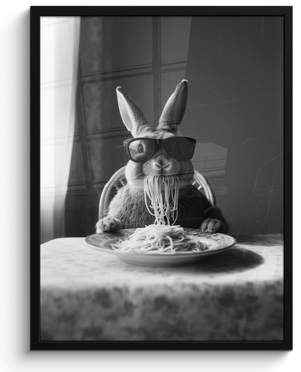 FrameYourWall Poster in lijst - Fotolijst 50x70 cm - Posters - Konijn - Bunny - Zonnebril - Tafelkleed - Pasta - Schattig - Posterlijst zwart - Decoratie - Wanddecoratie woonkamer - Muurdecoratie slaapkamer