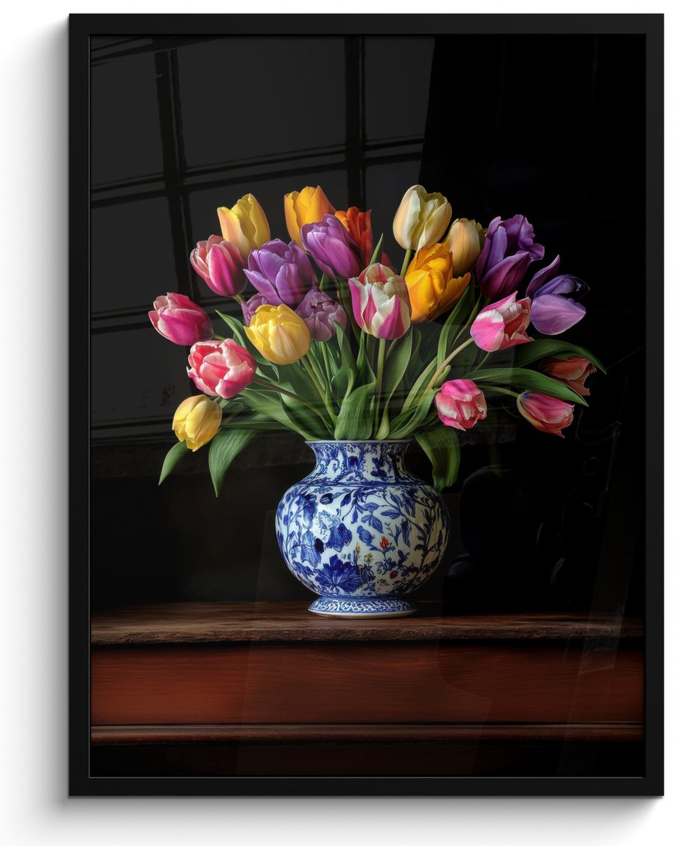 FrameYourWall Poster in lijst - Fotolijst 50x70 cm - Posters - Tulpen - Kleuren - Hout - Vaas - Posterlijst zwart - Decoratie - Wanddecoratie woonkamer - Muurdecoratie slaapkamer Tulpen - Kleurrijk
