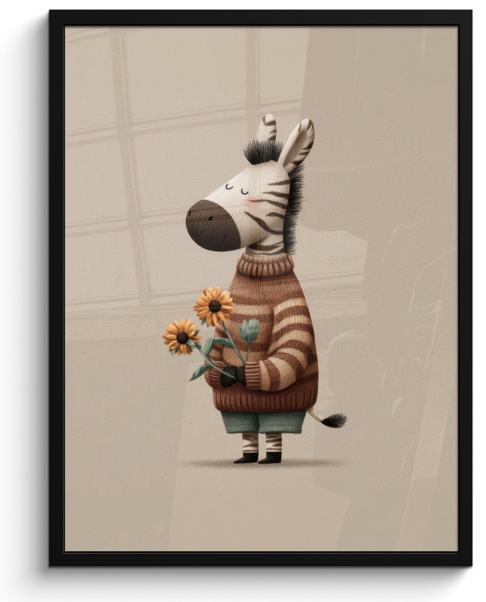FrameYourWall Poster in lijst - Fotolijst 50x70 cm - Posters - Zebra - Zonnebloemen - Warm - Posterlijst zwart - Decoratie - Wanddecoratie woonkamer - Muurdecoratie slaapkamer