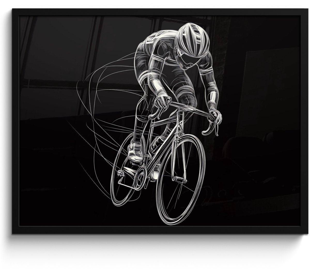 FrameYourWall Poster in lijst - Fotolijst 70x50 cm - Posters - Lijntekening - Wit - Wielrennen - Snelheid - Posterlijst zwart - Decoratie - Wanddecoratie woonkamer - Muurdecoratie slaapkamer Wielrenner - Fiets