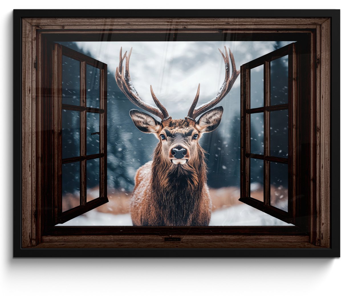 FrameYourWall Poster in lijst - Fotolijst 70x50 cm - Posters - Doorkijk - Hert - Dieren - Landschap - Winter - Sneeuw - Landelijk - Posterlijst zwart - Decoratie - Wanddecoratie woonkamer - Muurdecoratie slaapkamer