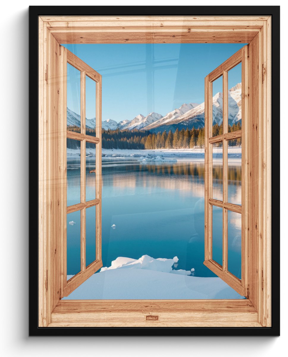 FrameYourWall Poster in lijst - Fotolijst 50x70 cm - Posters - Doorkijk - Landschap - Winter - Meer - Bergen - Uitzicht - Posterlijst zwart - Decoratie - Wanddecoratie woonkamer - Muurdecoratie slaapkamer