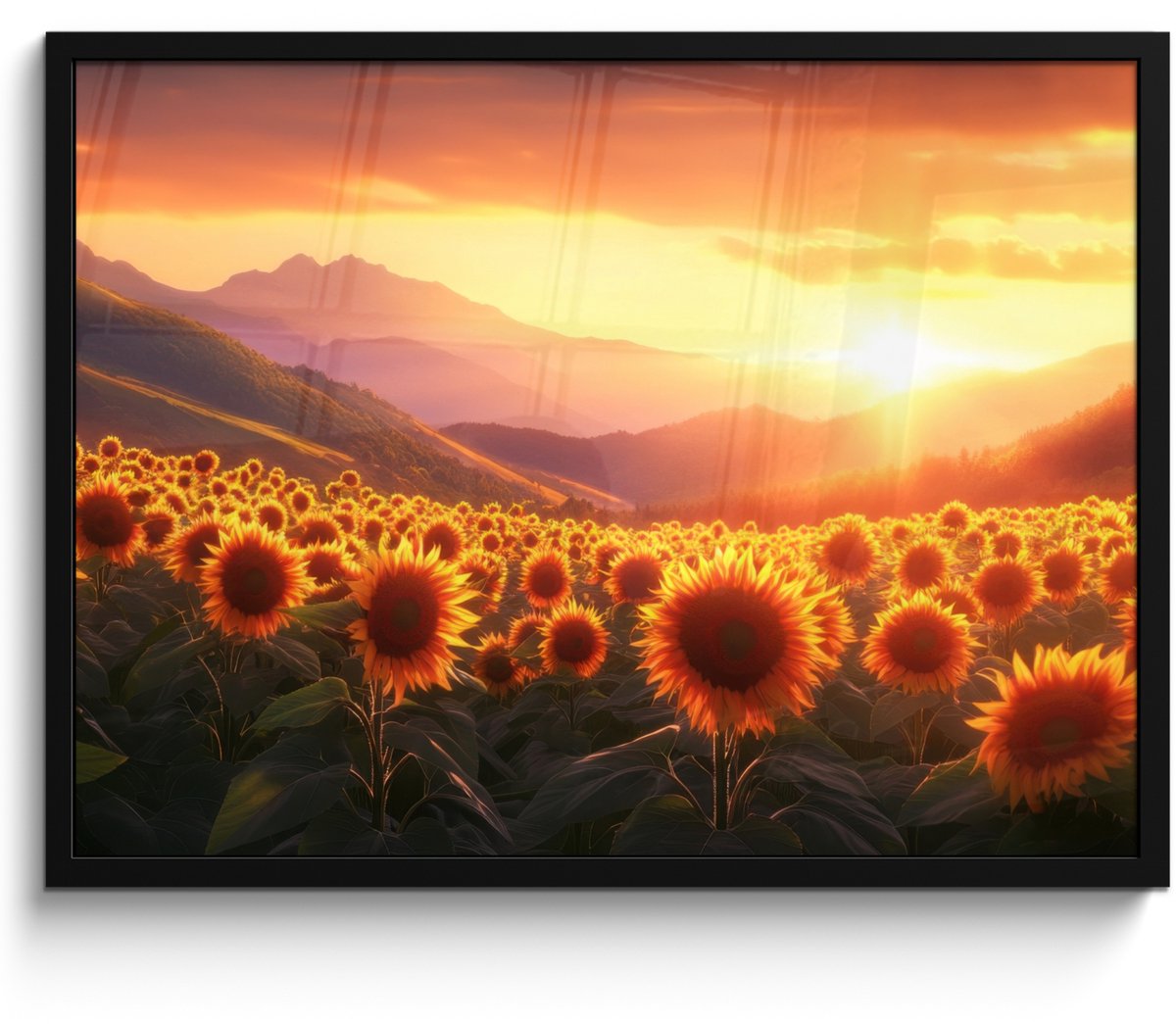 FrameYourWall Poster in lijst - Fotolijst 70x50 cm - Posters - Zonnebloemen - Zonsondergang - Landschap - Posterlijst zwart - Decoratie - Wanddecoratie woonkamer - Muurdecoratie slaapkamer Bloemen - Zonnebloemen