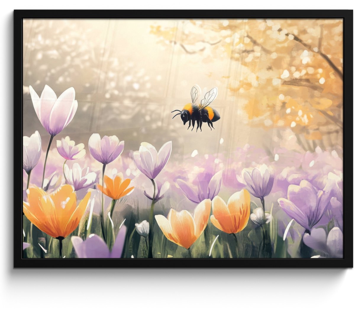 FrameYourWall Poster in lijst - Fotolijst 70x50 cm - Posters - Viooltjes - bij - Zonlicht - Posterlijst zwart - Decoratie - Wanddecoratie woonkamer - Muurdecoratie slaapkamer Bij - Bloemen